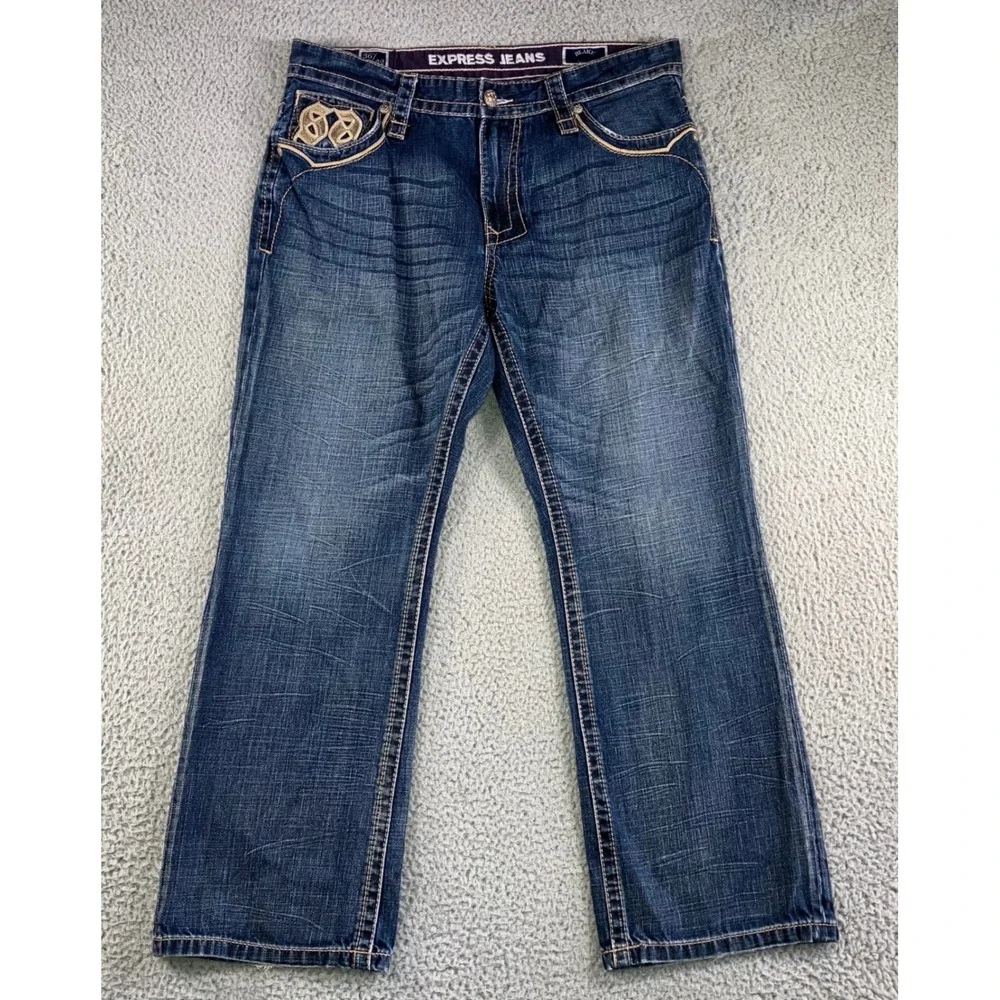 Express Jeans Blake Men 36x32 Loose Boot Leg‎ Embroidered Y2K Thick Stitch 36x29